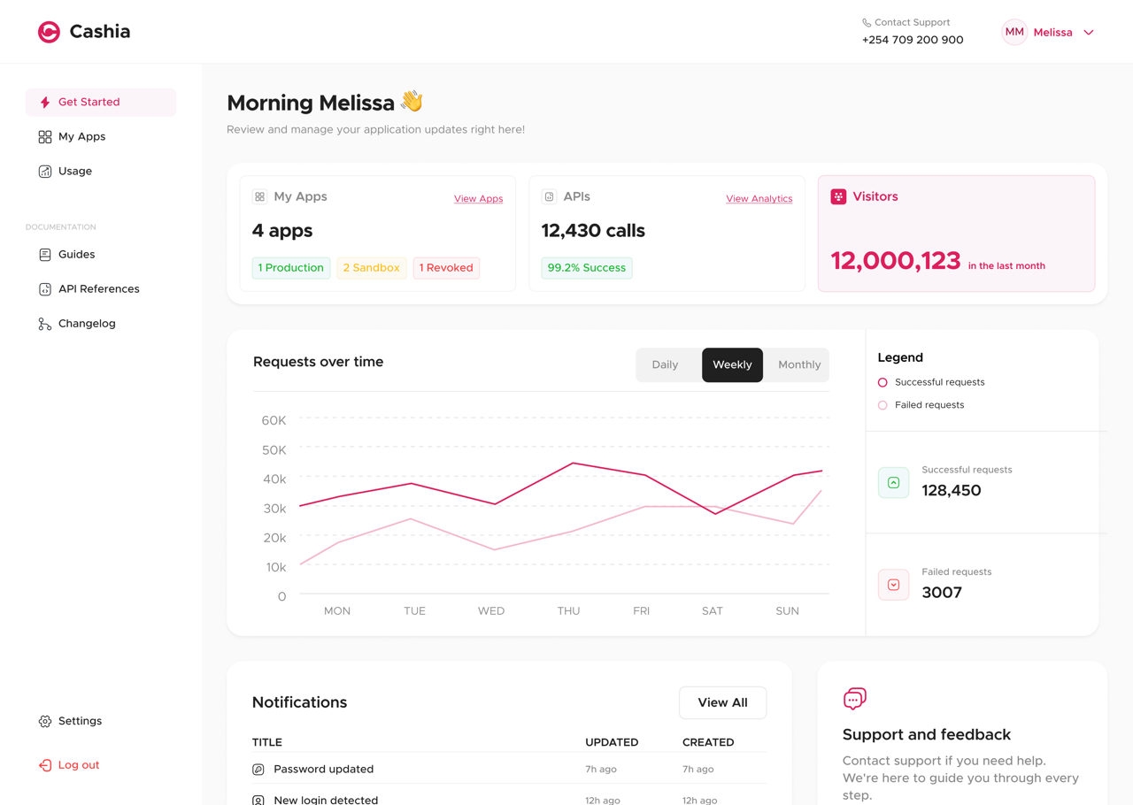 Cashia developer dashboard preview