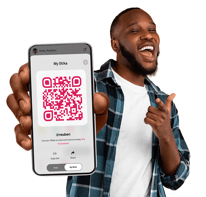 Man holding phone with Cashia QR code