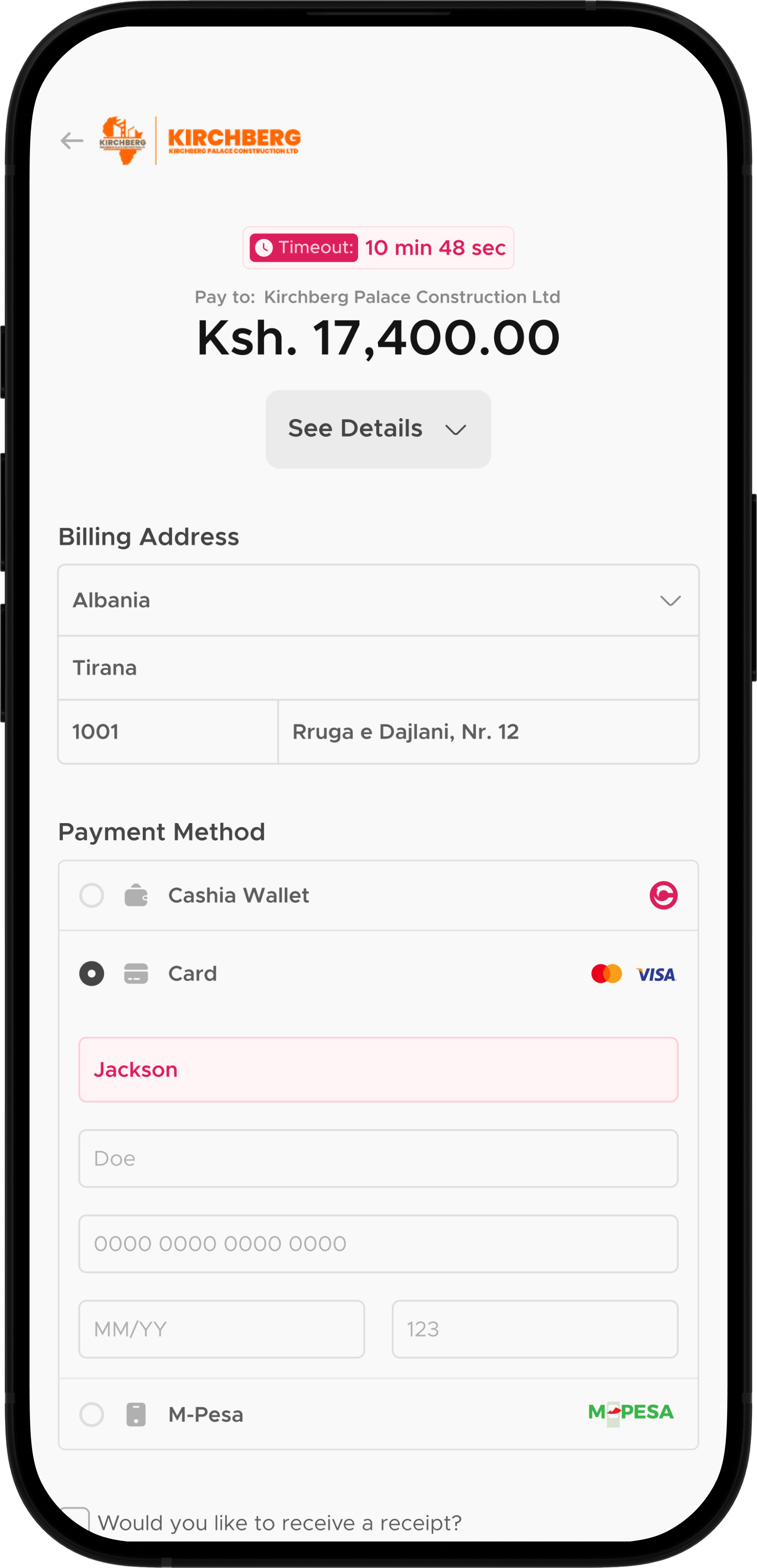 Cashia payment checkout on mobile